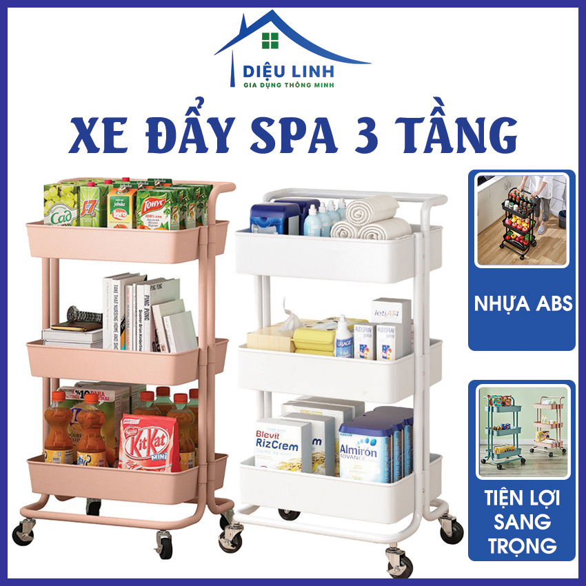 Xe Đẩy Spa 3 Tầng Đa Năng - Kệ để đồ bỉm sữa, kệ 3 tầng có bánh xe , kệ 3 tầng để đồ tiện lợi Tramanhshop