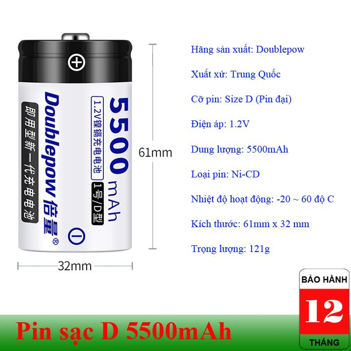 Pin đại sạc Doublepow size D 5500mAh dung lượng thật