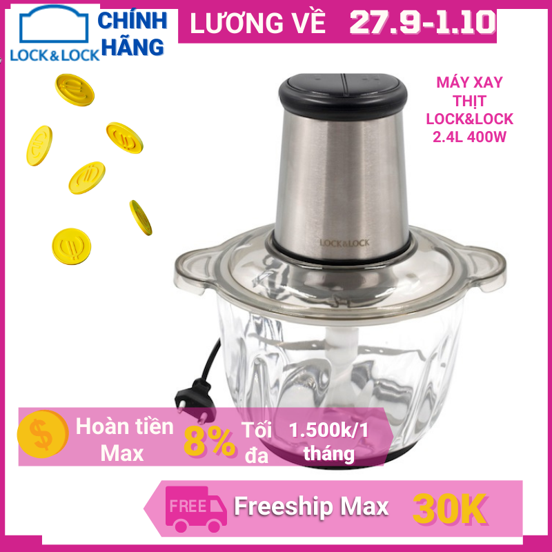 Máy xay thịt cối thủy tinh lưỡi dao kép Lock&Lock EJM186SLV 2.4 dung tích lớn