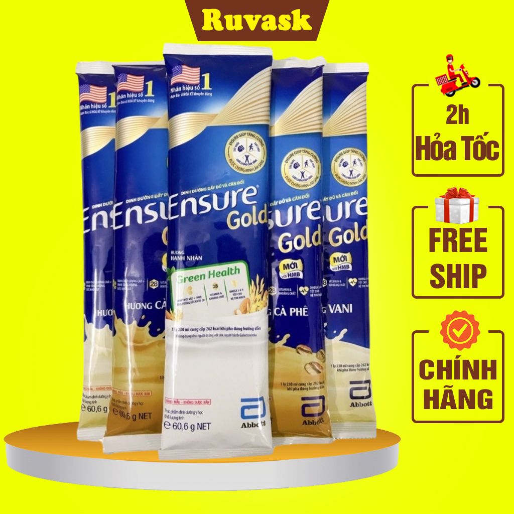 Sữa ensure gói 60.6g hương vani hạnh nhân cafe lúa mạch - sữa gói ensure dinh dưỡng đầy đủ - sữa bột ruvask