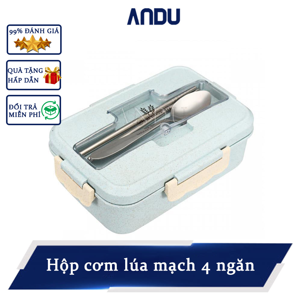 Hộp Đựng Cơm, Hộp Cơm Văn Phòng Lúa Mạch 3 Ngăn Tặng Đũa Cà Thìa Inox Màu Ngẫu Nhiên