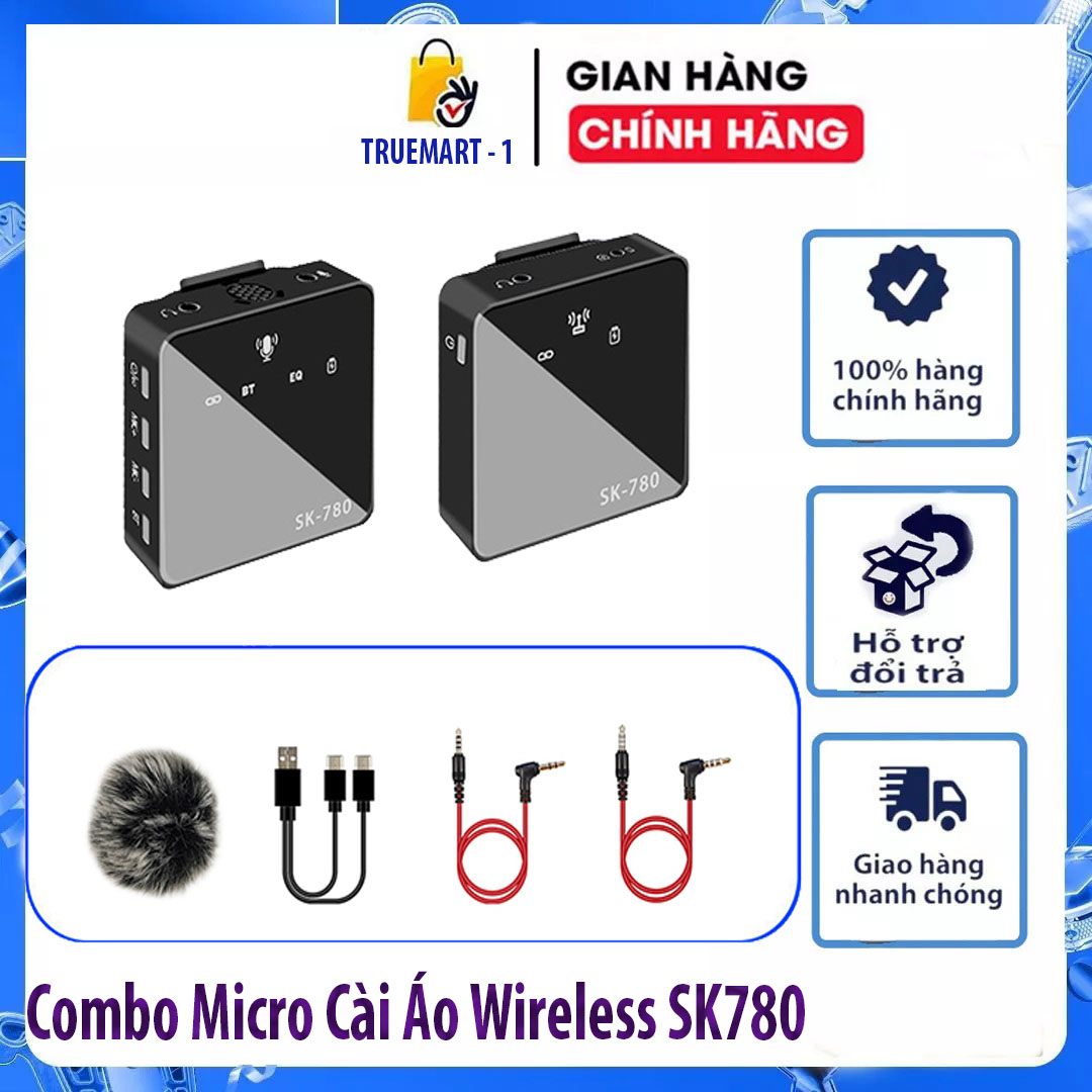 Micro Cài Áo Wireless SK780 , Combo Mic Thu Âm Kết Hợp Sound Card - Lấy Nhạc Qua Bluetooth 5.0 Sóng 2.4G, Công Nghệ Mới- Có Echo Hát Livestream Cực Hay - Micro Dành Cho Điện Thoại, Máy Ảnh, Máy Quay, DSLR - Ứng Dụng Cho Quay Video, Vlog, ..