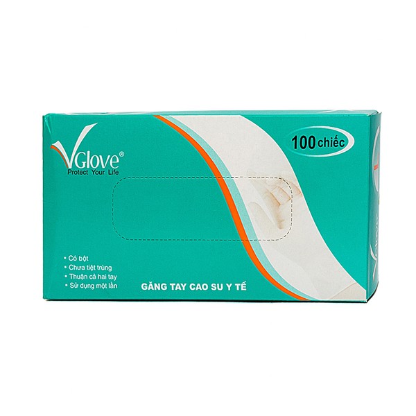 Hộp 100 cái găng tay y tế VGLOVE – có bột, dài 24 cm ( Trắng)