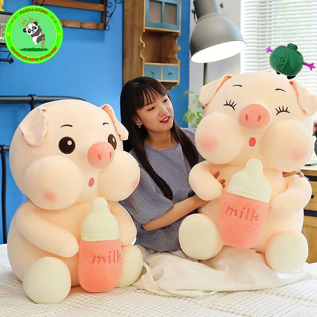 Gấu bông heo ôm bình sữa đáng yêu chất bông siêu mềm (size 60cm-70cm)