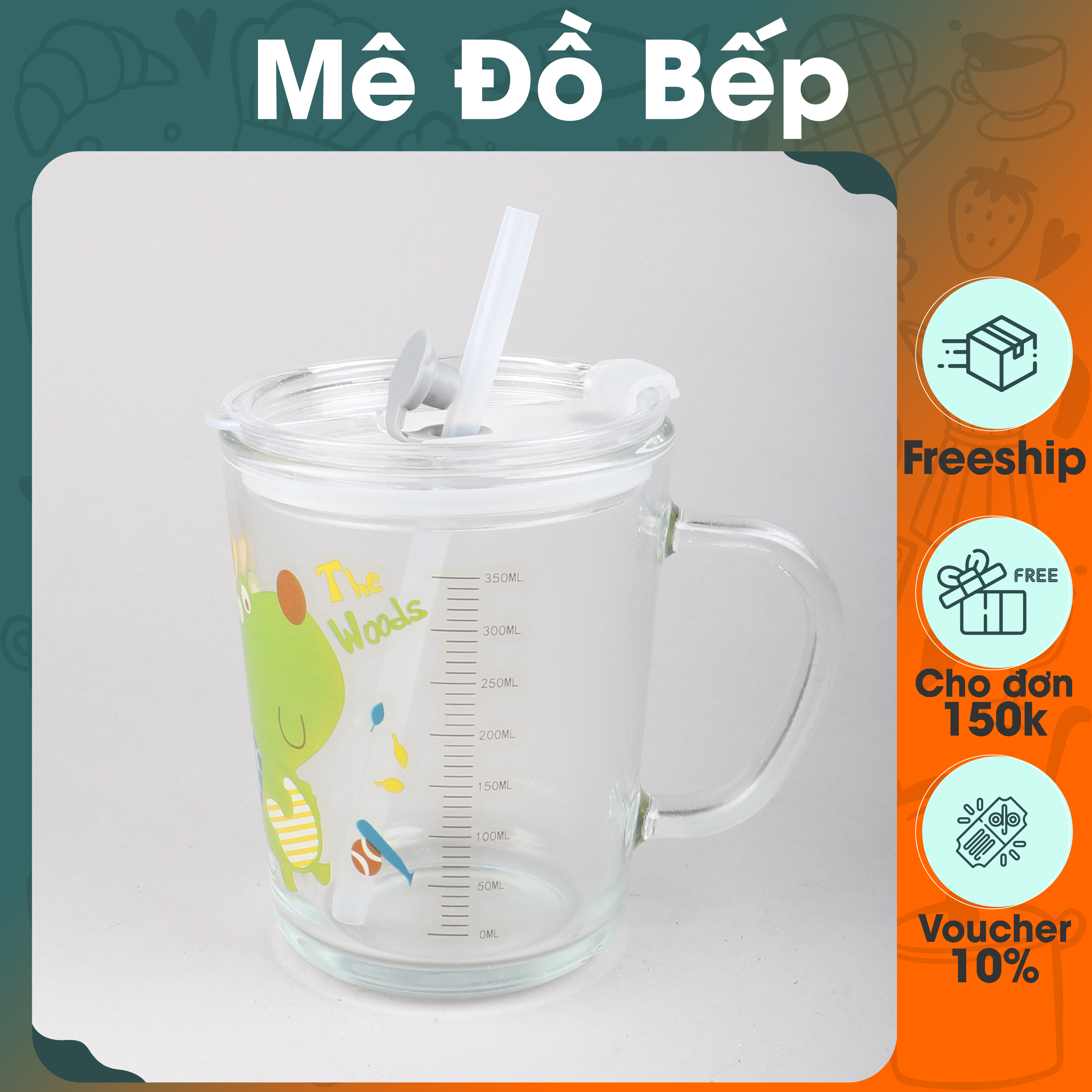 Ly thuỷ tinh Bam House có nắp đậy ron cao su và vạch định lượng tặng kèm ống hút cao cấp LCS01 - Gia dụng bếp