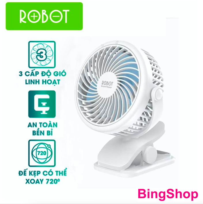 Quạt mini đế kẹp power bank 2000mah 3 tốc độ gió -robot rt-bf10- bh 1 đổi 1 12 tháng-hàng chính hãng