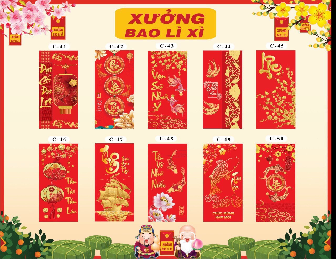 100 bao lì xì mẫu đỏ may mắn năm mới kt 8x16cm