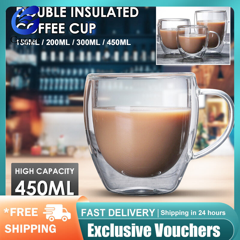 Cốc thủy tinh chịu nhiệt hai lớp 150/250/350/450ml chính hãng cốc trà cà phê văn phòng có tay cầm