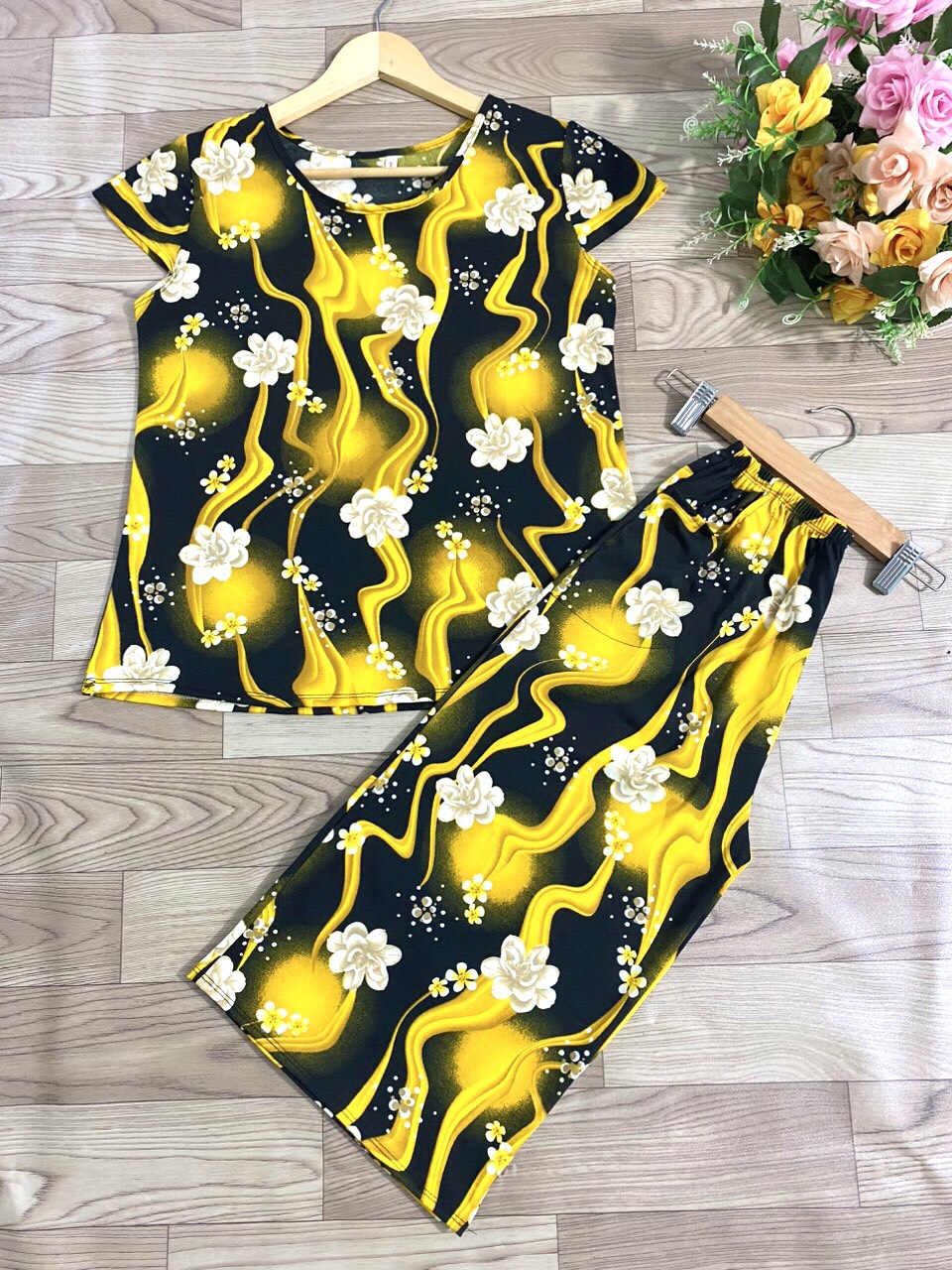 Combo 3 bộ lửng ống rộng mặc nhà, thun ati , quần 2 túi.
