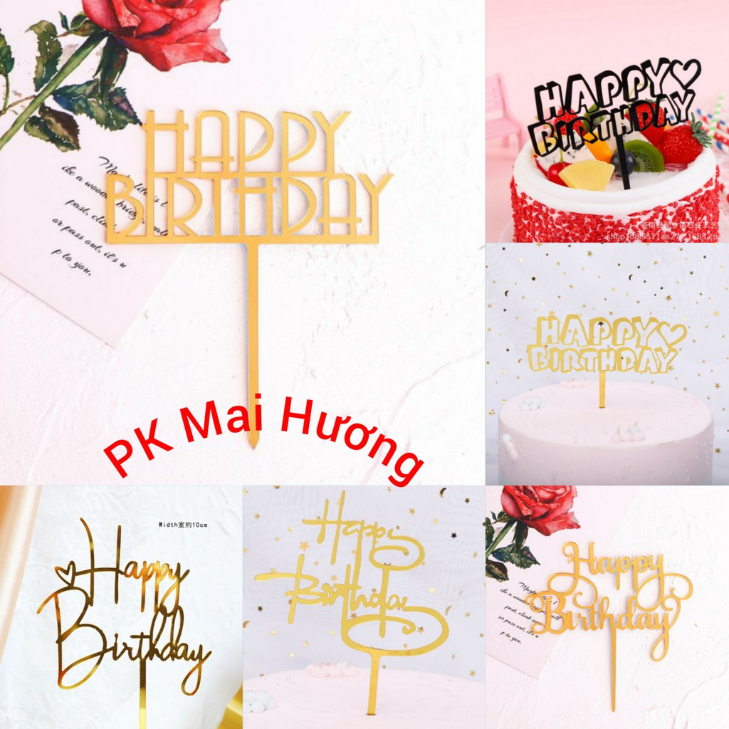 Trang Trí Bánh Sinh Nhật Bánh Kem - Combo 10 Thẻ Meka Happy Birthday B Xoắn, Thẳng, 3D, Tim Vàng