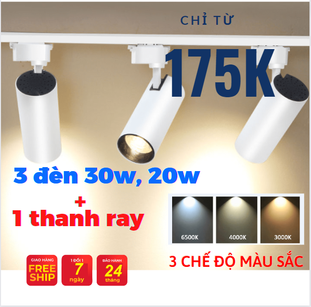 Đèn rọi ray, đèn led, Combo 3 đèn rọi ray 30W, 20w + 1 ray 1 mét dùng cho trưng bày sản phẩm, chiếu rọi tranh