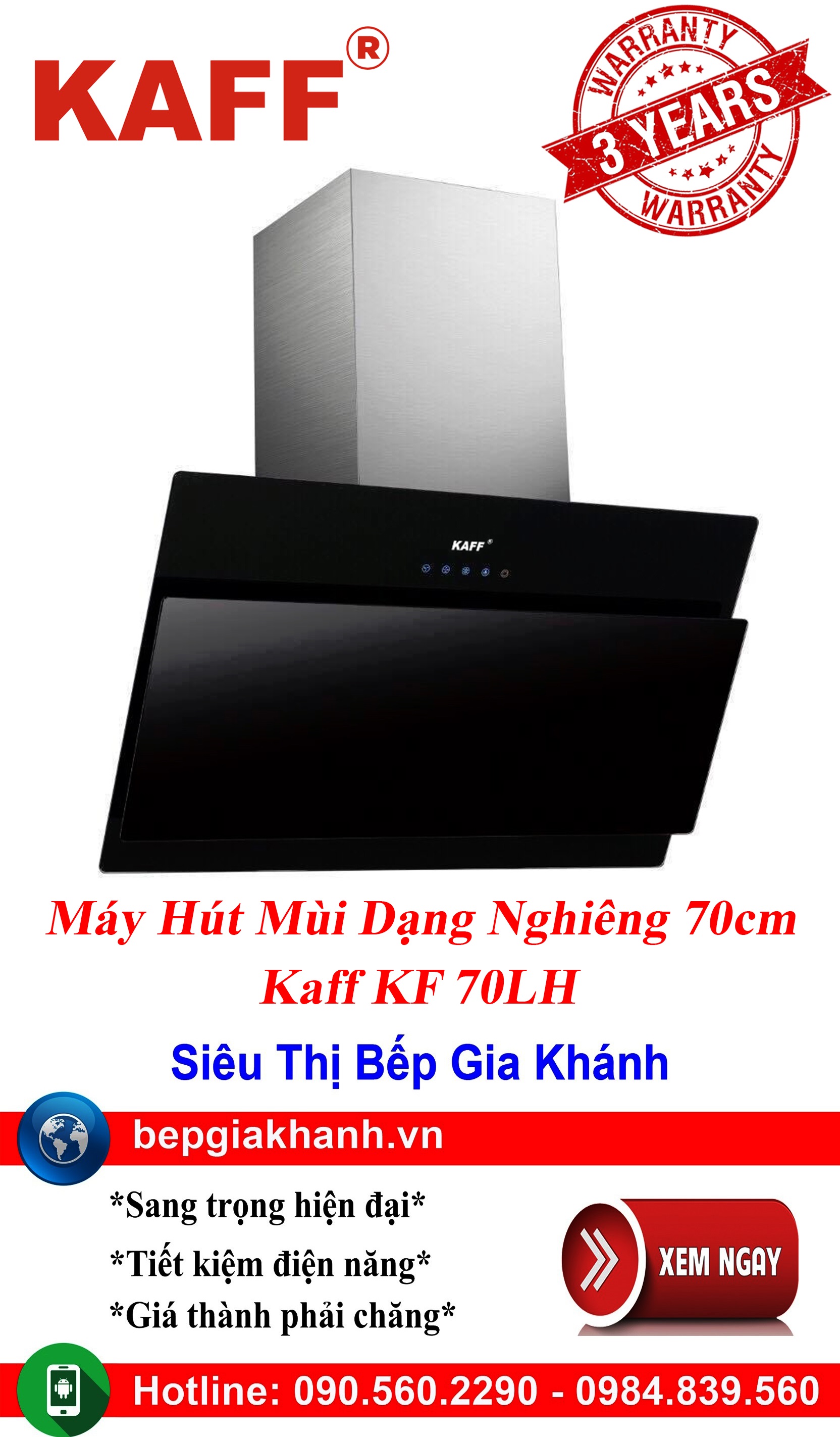 [HCM]Máy hút mùi dạng nghiêng 70cm Kaff KF 70LH máy hút mùi nhà bếp máy hút mùi bếp máy hút mùi kính