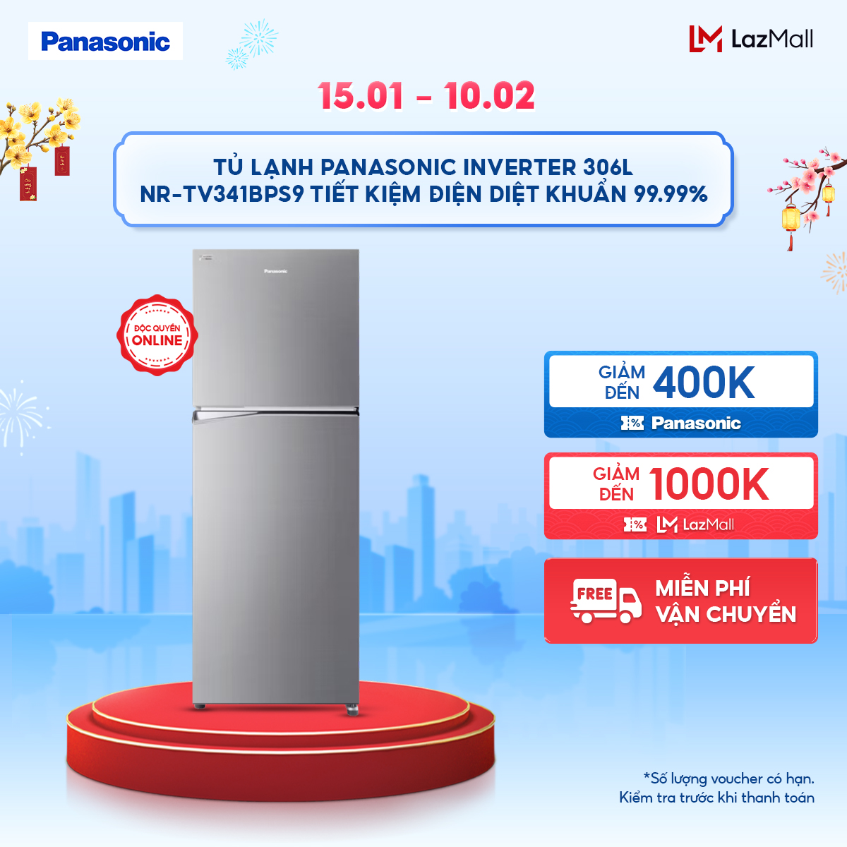  Tủ lạnh Panasonic Inverter 306 lít NR-TV341BPS9 Tiết kiệm điện diệt khuẩn 99.99% 