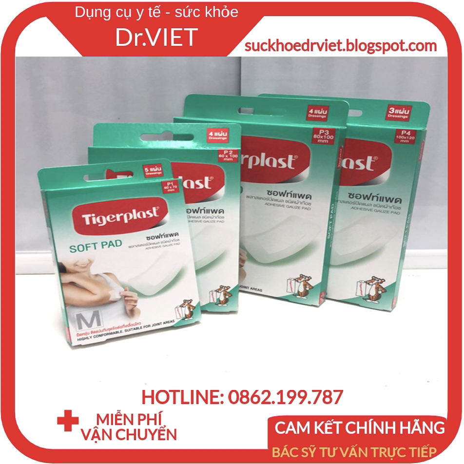 Băng vết thương co giãn Tigerplast Softpad chính hãng Thái Lan-Băng gạc tiệt trùng 80x100mm 4pcs cao cấp