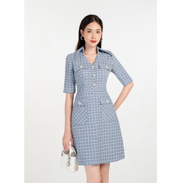 Đầm dạ Tweed họa tiết kẻ xanh ghi phối cúc sang trọng Orchid GD11A271