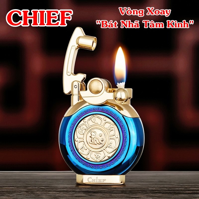 Bật lửa chief xăng đá - búng tay đánh lửa cf208 "vòng xoay bát nhã tâm kinh" - #xanh