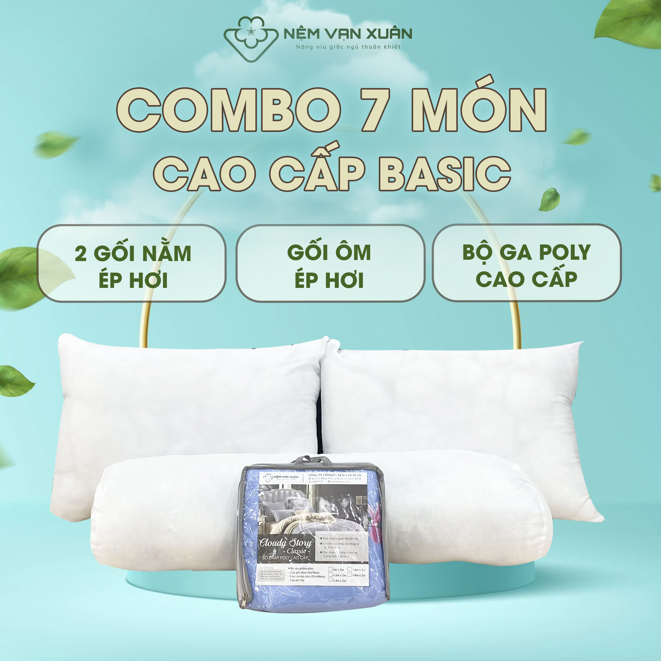 Combo 7 món quà tặng cao cấp basic áp dụng cho daisy và classic gồm 2 gối nằm + 1 gối ôm + 1 ga poly + 2 áo gối nằm + 1 áo gối ôm