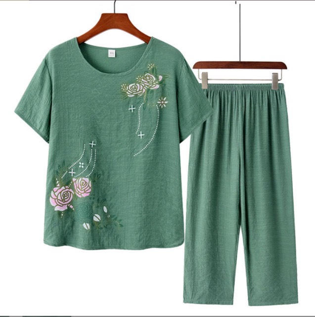 Bộ quần dài áo cộc chất đũi hoa thêu loại 1 cho bà cho mẹ mùa hè siêu mát thấm mồ hôi đồ trung niên