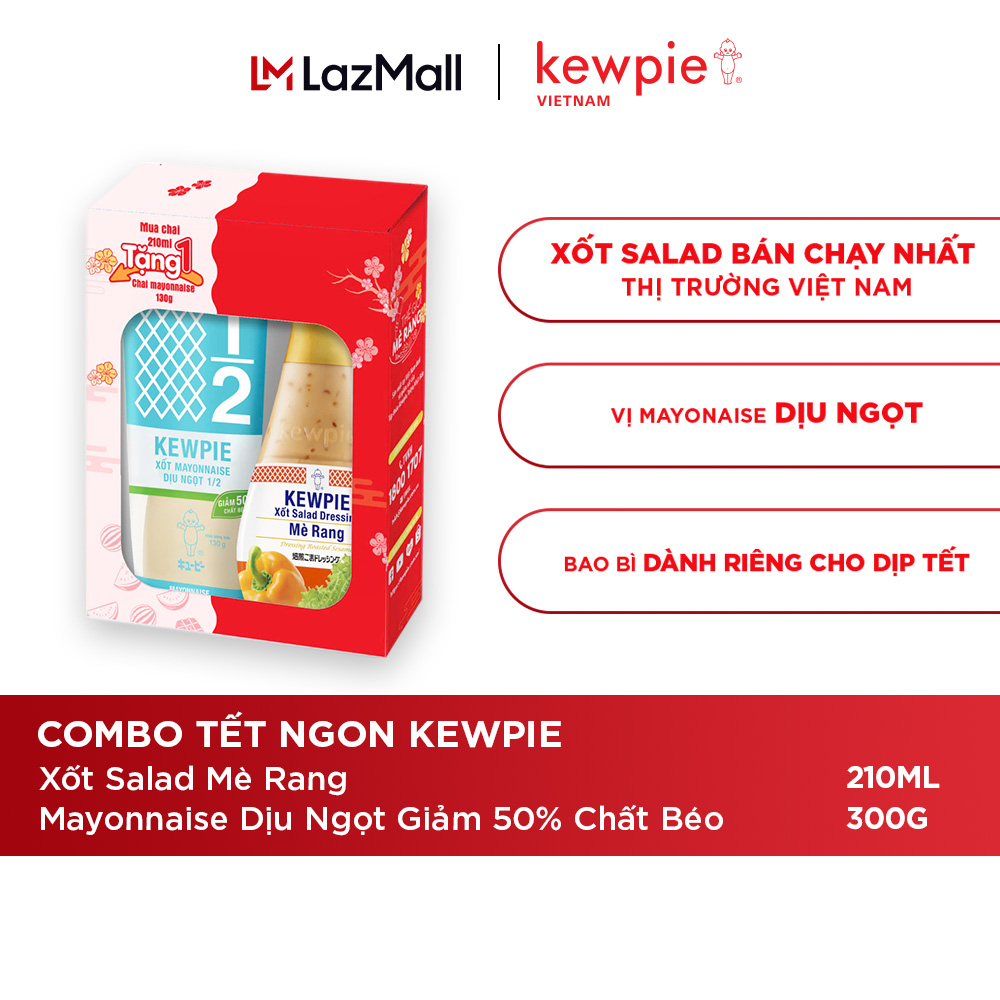 Combo Tết Ngon Kewpie: Xốt Salad Mè Rang 210ml & Mayonnaise Dịu Ngọt Giảm 50% Chất Béo 130g