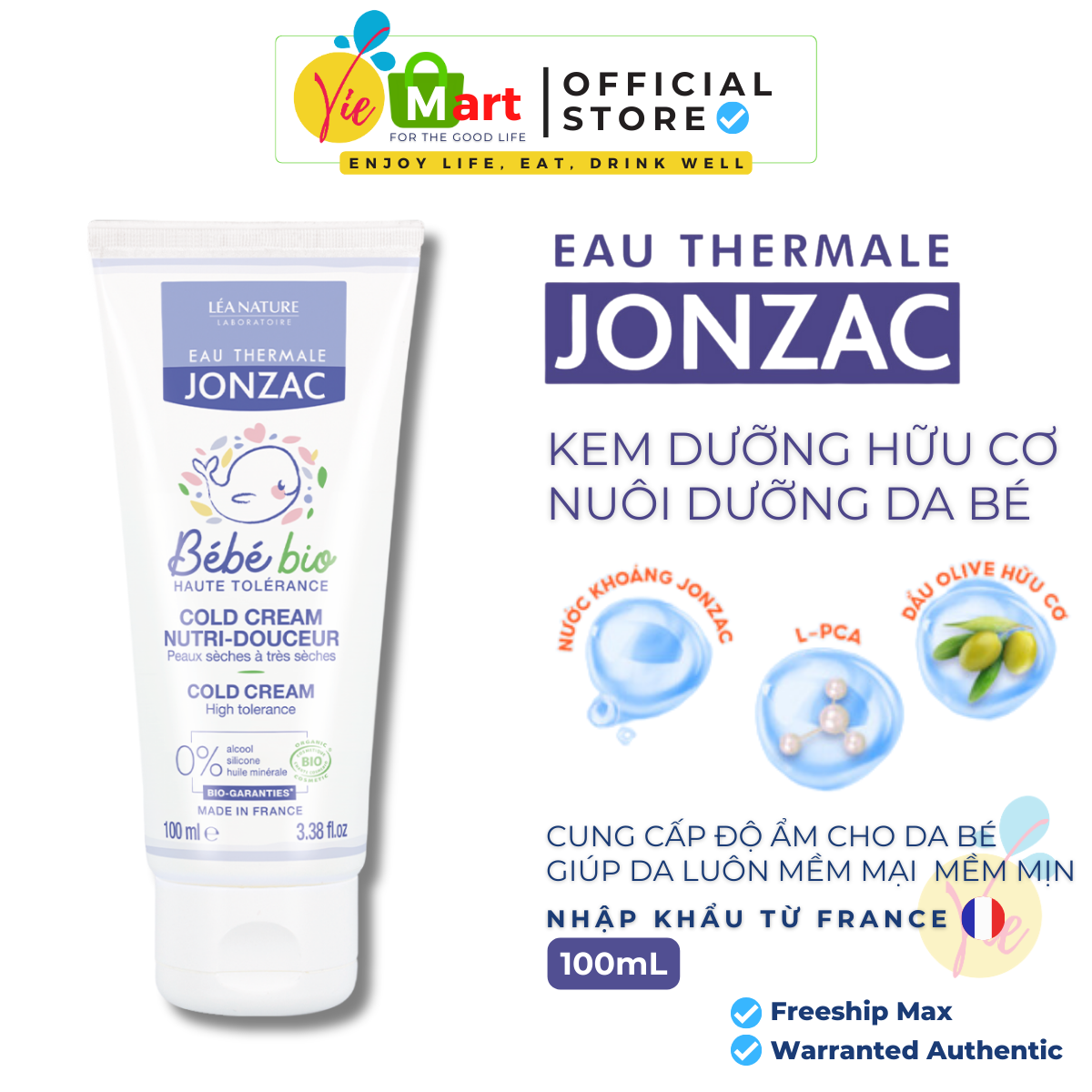 Kem Dưỡng Hữu Cơ Nuôi Dưỡng Da Bé Eau Thermale Jonzac Bébé Bio Nutri Gentle Cold Cream 100ml