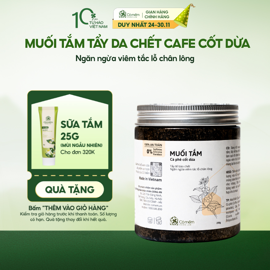  Muối Tắm Tẩy Da Chết Body Cafe Sáng Da Cốt Dừa Cỏ Mềm HomeLab 250g Ngừa Mụn Lưng 