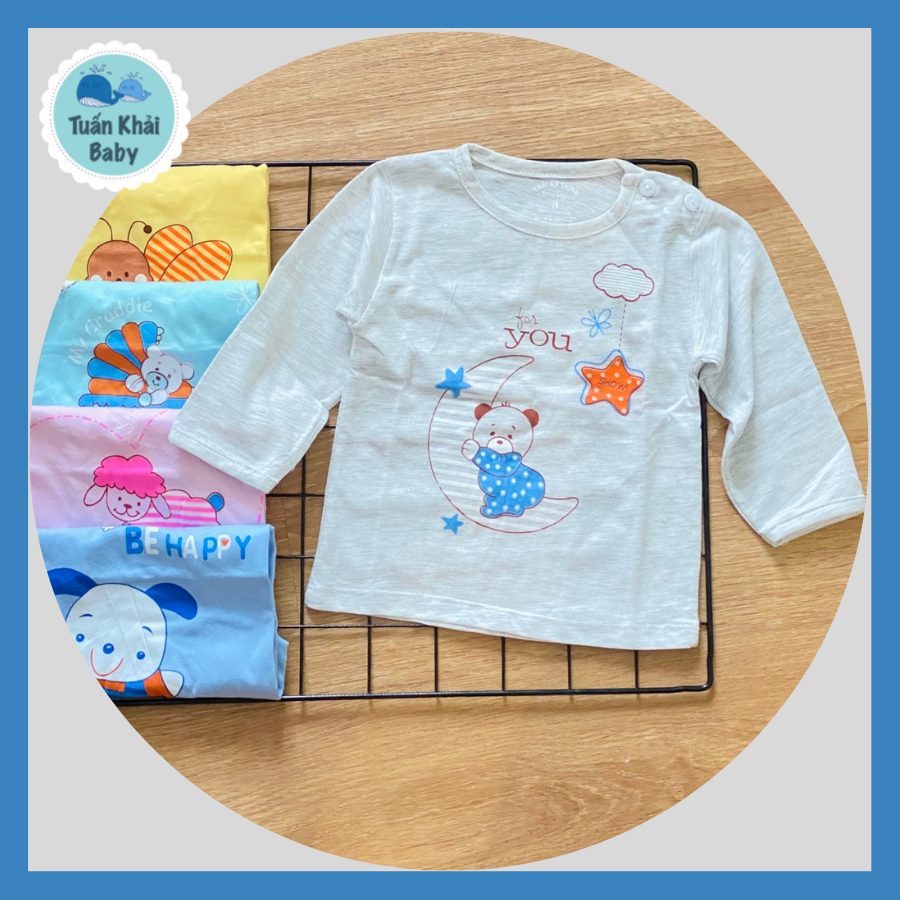 [HCM]COMBO 5 áo thun cotton Thái Hà Thịnh | Mẫu Tay Dài Cài Nút Vai Màu | Size 3 - 5 cho bé 7 - 12 kg| Chất vải thun cotton 100% xịn đẹp mềm họa tiết xinh | Hàng Việt Nam| Áo sơ sinh| Quần sơ sinh |đồ bộ bé trai | đồ bộ bé gái| Qu