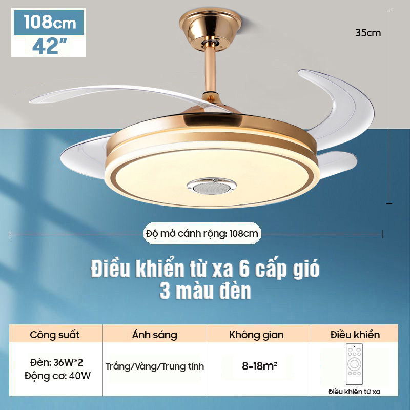 Quạt Trần Đèn LED Bluetooth Cánh Ẩn - Động Cơ Lõi Đồng, Điều Khiển Từ Xa, Nghe Nhạc Siêu Hay