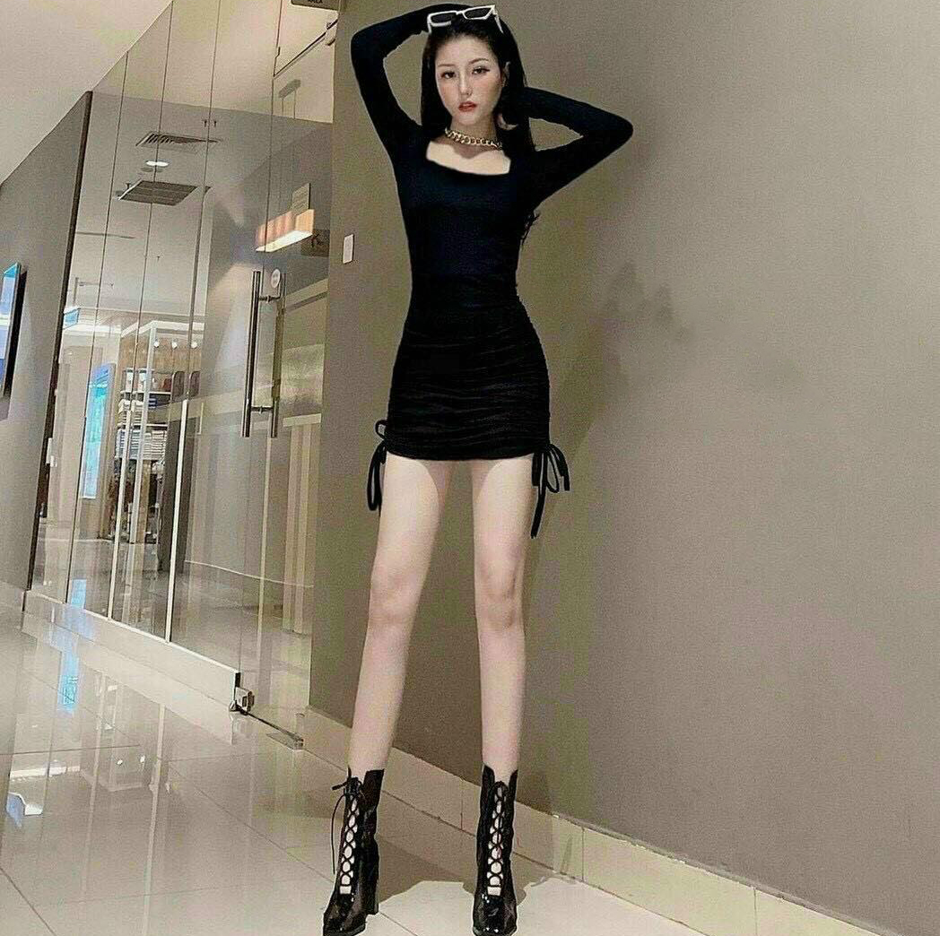 Đầm Váy Thời Trang Nữ Tay Dài Cổ Vuông Rút Dây 2 Bên Hông Diện Đồ Cực Tôn Dáng No1-SG -Fashion