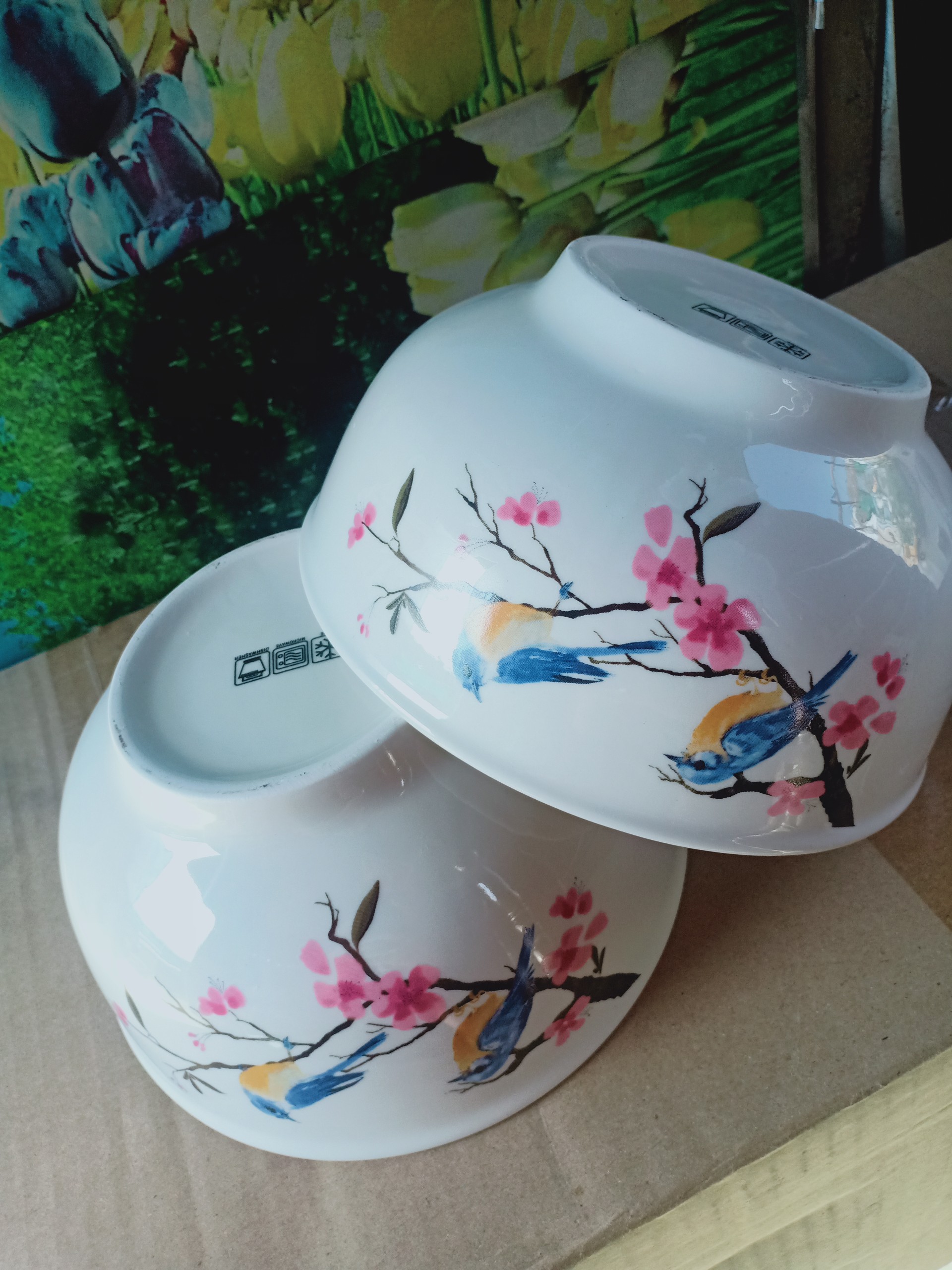 Bộ 2 tô sứ sâu trong lòng họa tiết chim và cành hoa đào 18cm