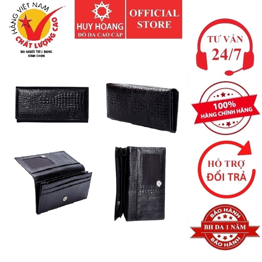 Ví nữ da bò vân cá sấu nhỏ 2 gấp màu đen hk3102