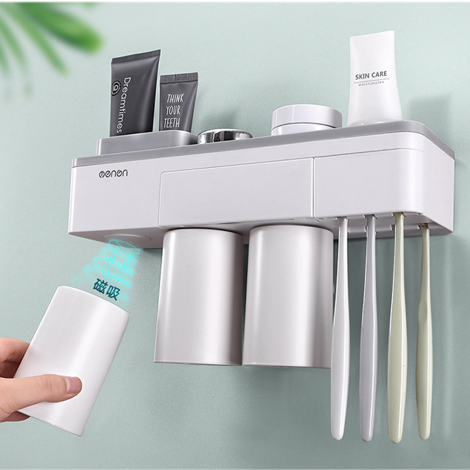 Giá Treo bàn chải dán tường phòng tắm sang trọng kệ treo bàn chải và ly súc miệng nam châm (tặng kèm ly)