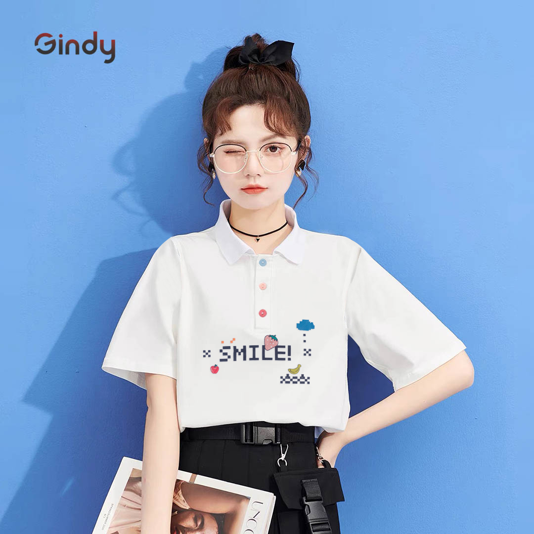 Áo thun polo nữ GINDY, áo phông thun có cổ, tay lỡ thêu họa tiết form rộng vải cotton thoáng mát thời trang Unisex A8108