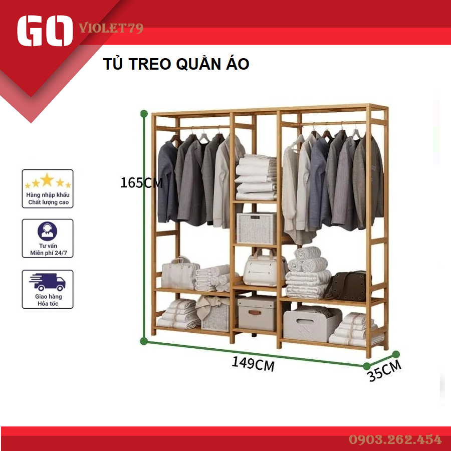 Tủ treo quần áo gỗ tre mẫu lớn 145x30x165cm, giàn treo quần áo,cây treo quần áo, kệ treo quần áo, tủ quần áo