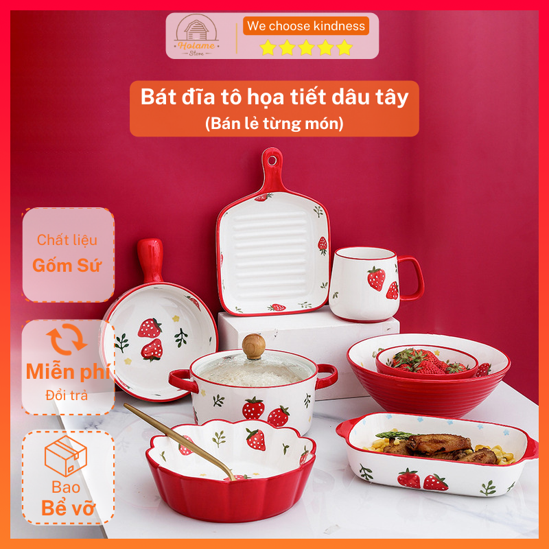 Bát đĩa tô sứ họa tiết dâu tây đỏ, bát đĩa decor phụ kiện bàn ăn phong cách Hàn Quốc - BÁN LẺ