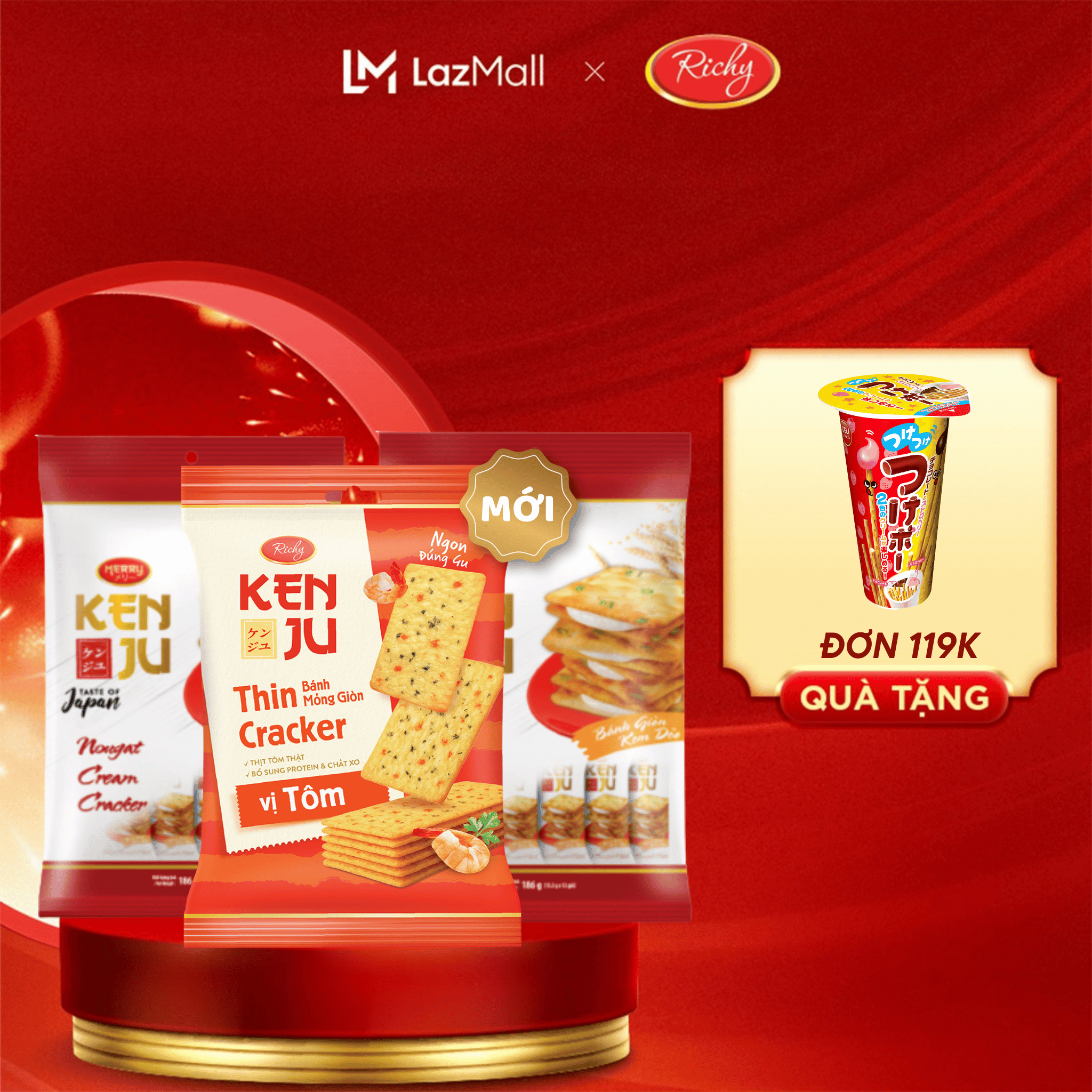 [VỊ MỚI] Combo 3 Bịch Bánh Kenju quy hành kem dẻo túi 186g - Bánh kẹo Richy