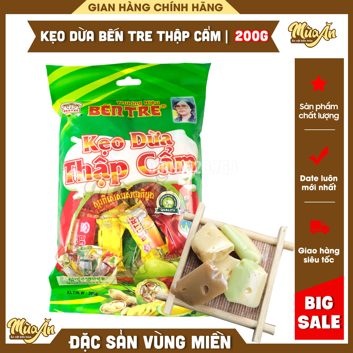 Kẹo dừa thập cẩm Hai Tỏ 200g, Kẹo dừa Bến Tre, Kẹo dừa thập cẩm nhiều vị