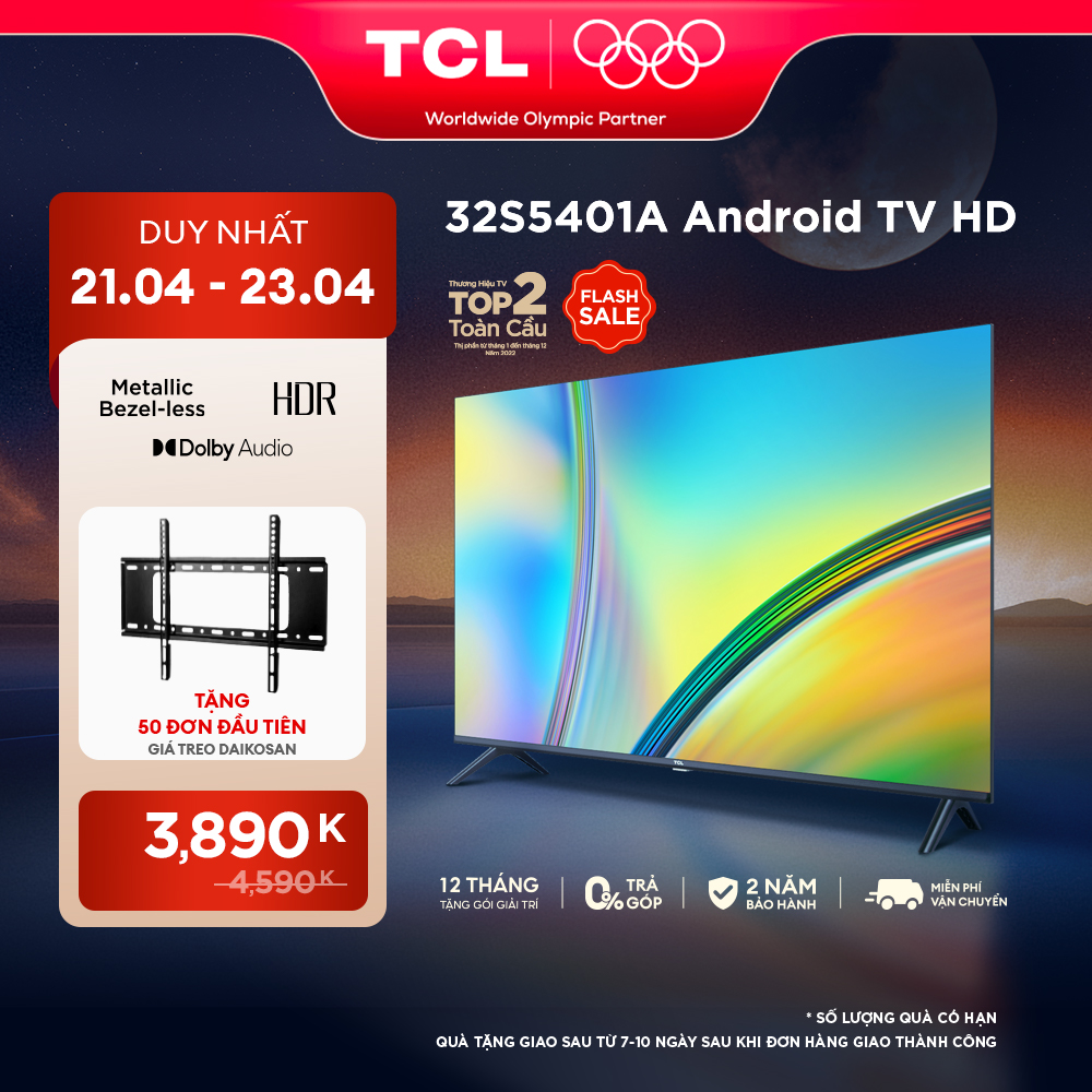 [ 21-23/4 MEMBER DAY SALE 3890K TẶNG 50 ĐƠN ĐẦU TIÊN GIÁ TREO TV CHO DÒNG TV 32-55INCH ] Android TV HD TCL 32inch - 32S5401A - Smart TV - Hàng chính hãng - Bảo hành 2 năm