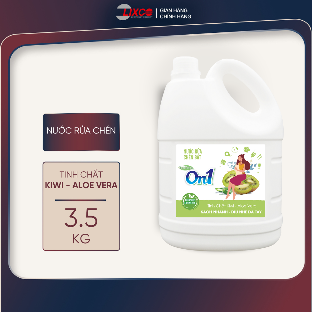 Nước rửa chén On1 hương kiwi và aloe vera dung tích 3.5 kg, gel rửa bát sạch bóng vết dầu mỡ N5015 - Lixco Việt Nam
