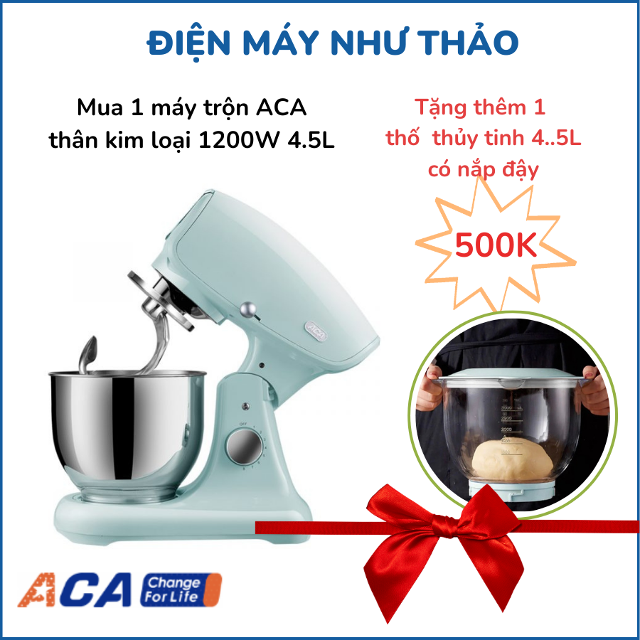 Máy trộn bột ACA 4.5L 1200W thân kim loại bánh răng kim loại phụ kiện bằng inox