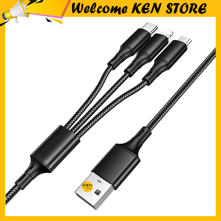 Cáp sạc nhanh 3 đầu đa năng IP - Micro - Type C dài 1m dây dù siêu bền