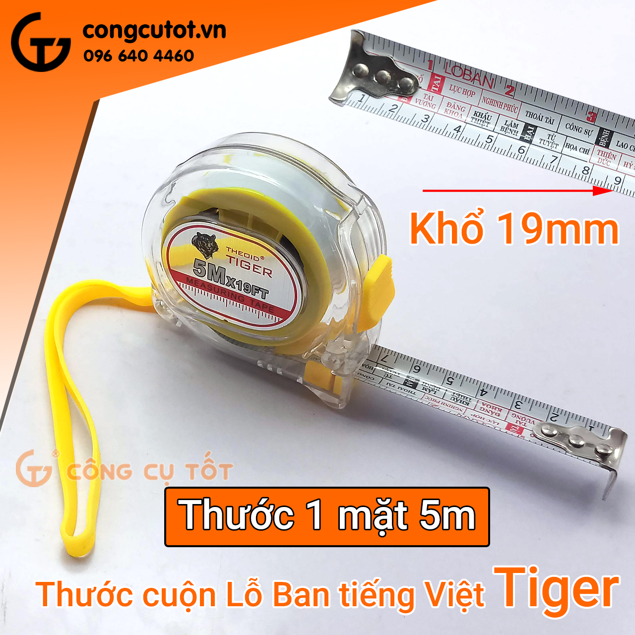 Thước cuộn, thước dây Lỗ Ban Tiếng Việt - Thước phong thủy 1 mặt Theoid Tiger