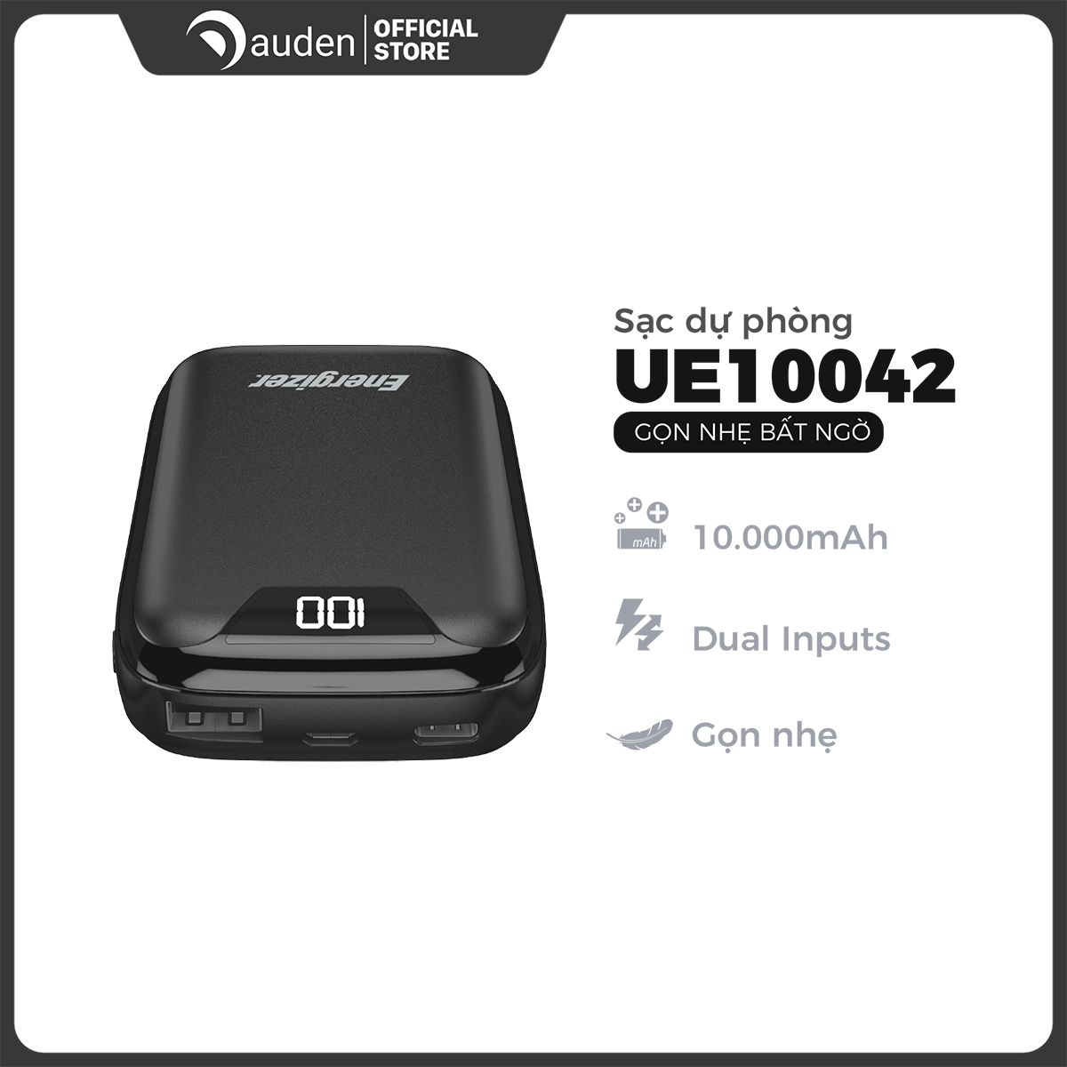 Sạc dự phòng Energizer UE10042 10000mAh hỗ trợ sạc nhanh, có màn hình LED, thiết kế nhỏ gọn - Dâu Đen Store