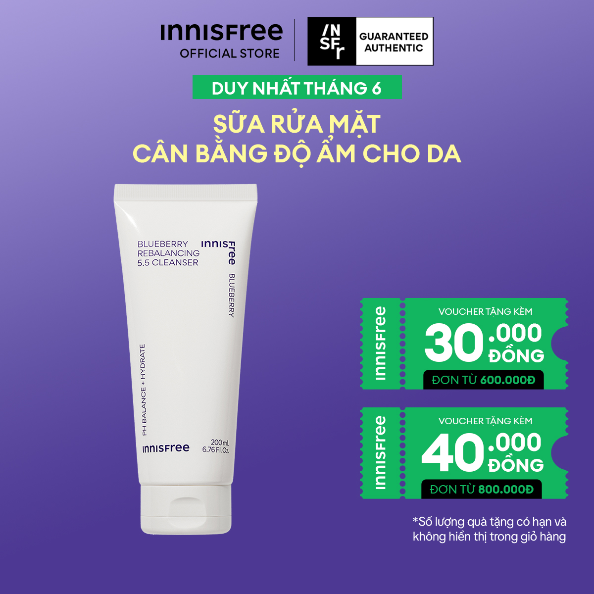 Sữa rửa mặt cân bằng giữ ẩm da INNISFREE Blueberry Rebalancing 5.5 Cleanser
