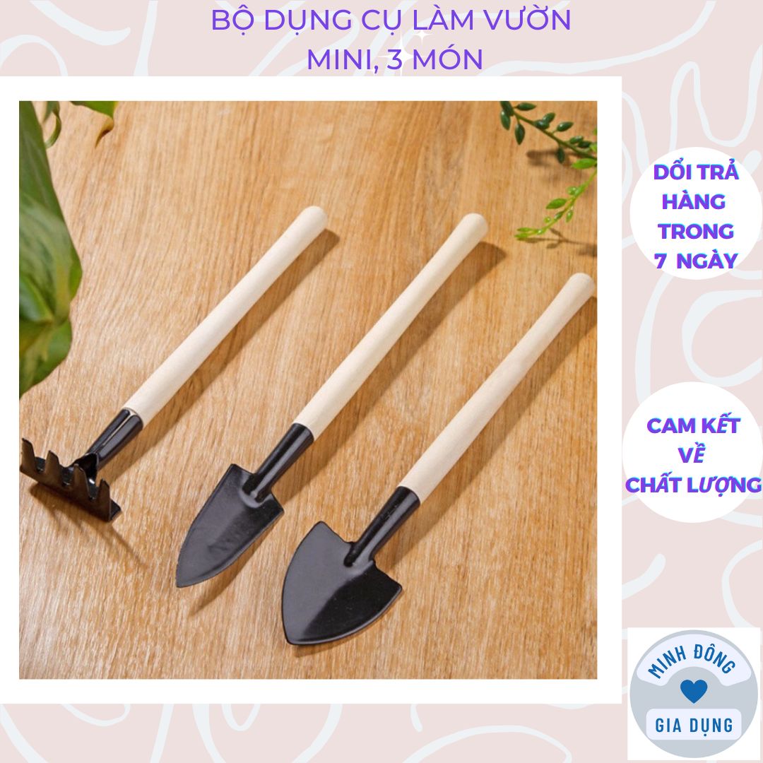 Bộ dụng cụ làm vườn mini, 3 món, cán gỗ