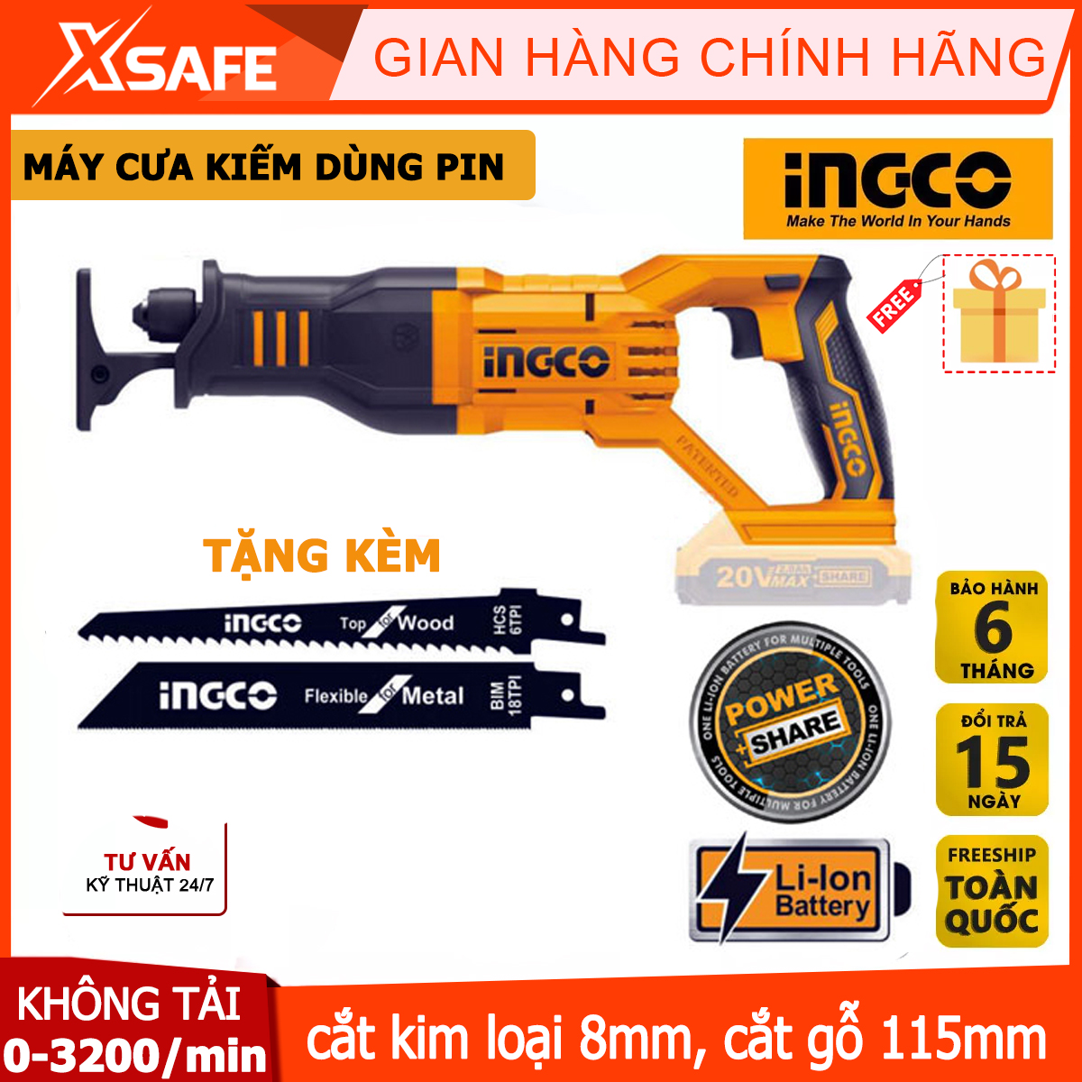 Máy Cưa kiếm dùng pin 20V INGCO CRSLI1151 kèm theo 2 lưỡi cưa lọng. Máy cưa gỗ cầm tay có tốc độ không tải 0-3200/min, không kèm pin và sạc, máy cưa gỗ