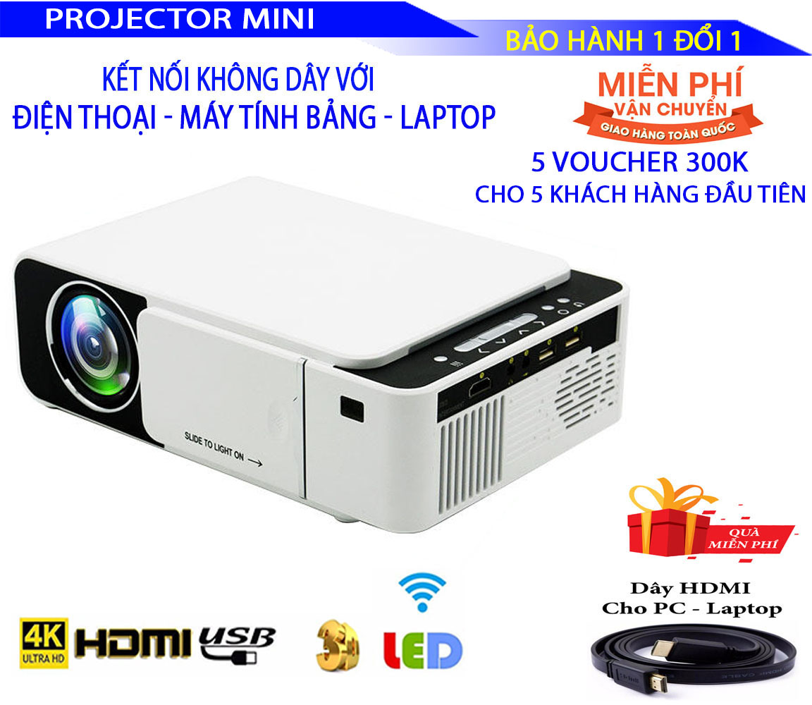 Máy chiếu KẾT NỐI KHÔNG DÂY T5 đồng bộ cho điện thoại, máy tính bảng, Laptop. Đèn LED Máy Chiếu Cho Video 1080P. Thích hợp cho việc chơi game, xem phim, giải trí có thể thay thế tivi và có tặng kèm dây HDMI dài 1,5m + dây Audio dài 1,5m