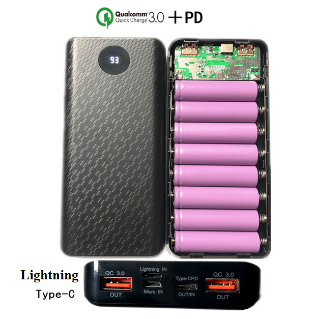Box sạc dự phòng Box sạc nhanh QC3.0 + PD chân cắm type c lightning micro usb 8 cell dùng pin 18650 có LCD hiển thị (Đen, chưa pin) box sạc dự phòng 8 cell