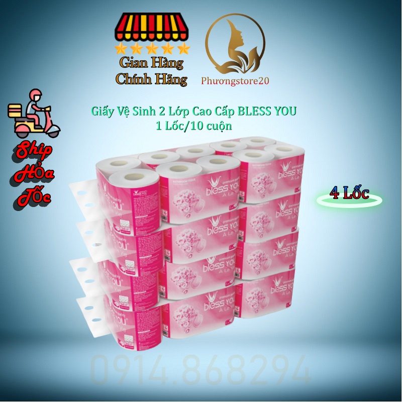 Combo 4 lốc giấy vệ sinh bless you 2 lớp, lốc 10 cuộn hồng