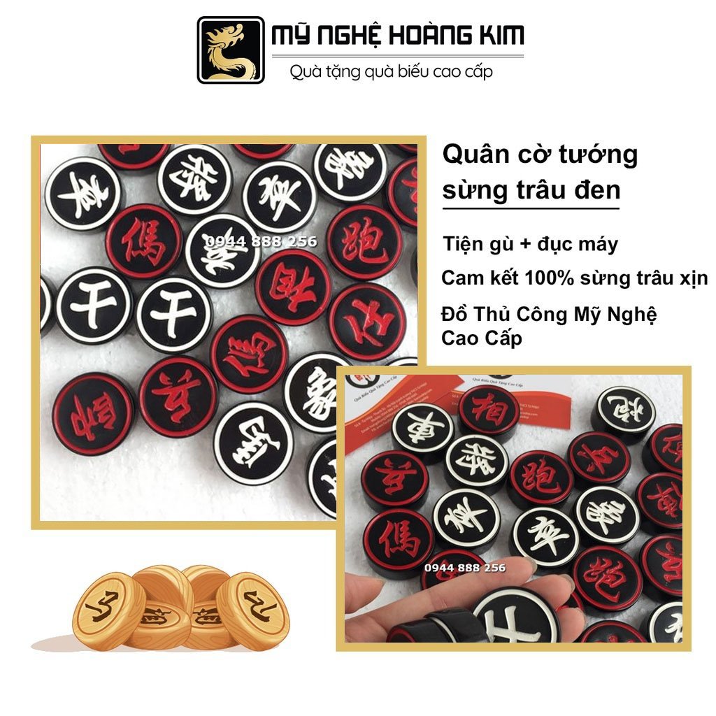 [FREESHIP] Quân Cờ Tướng Sừng Trâu Đen Đục Máy + Hộp Gỗ HK02 Làm Bằng Ngọn Sừng Đặc, Quân Cờ Tiện Tròn, Chữ Được Đục Chìm Tay Tinh Sảo Sắc Nét - Mỹ Nghệ Hoàng Kim