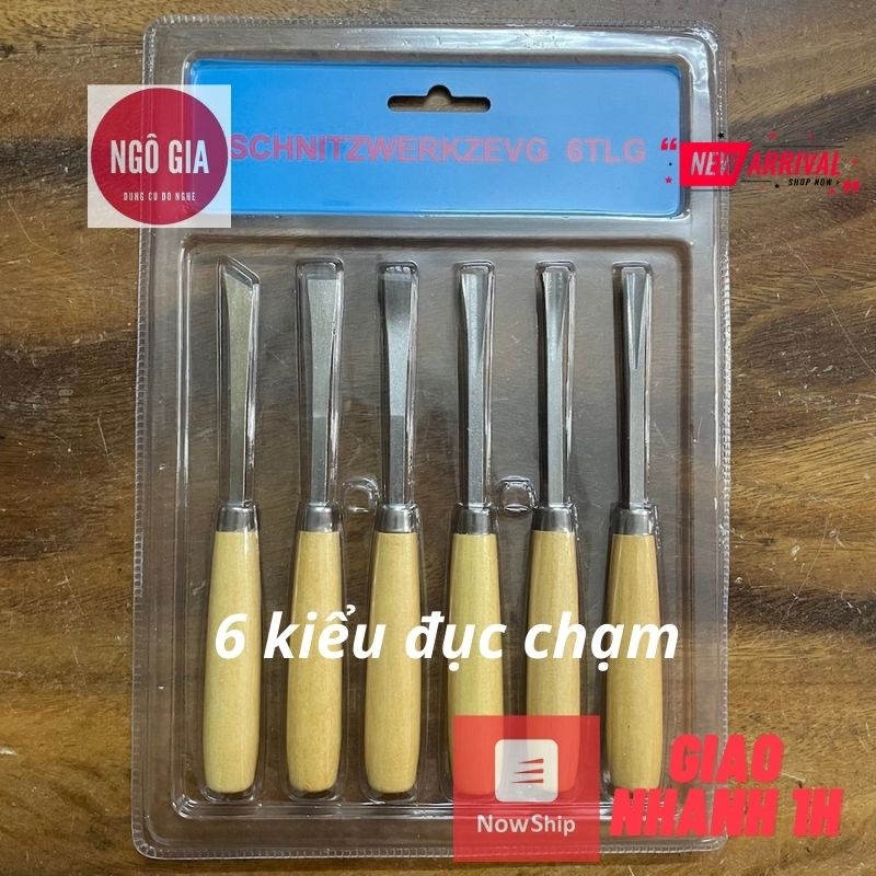 Bộ đục gỗ điêu khắc lưỡi thép hợp kim SK2, 6 kiểu mũi đục, tỉa gỗ giá rẻ